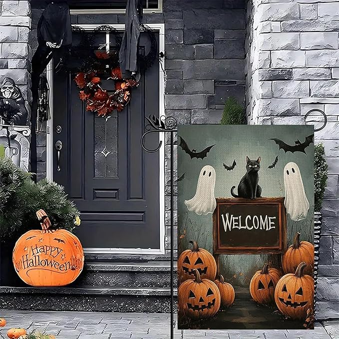 Halloween Garden Flag for Outside 12x18 Inch Double Sided, Pumpkin Ghost Cat Small Yard Flags for Outside, Outdoor Welcome Flag Front Porch Decorations for Home