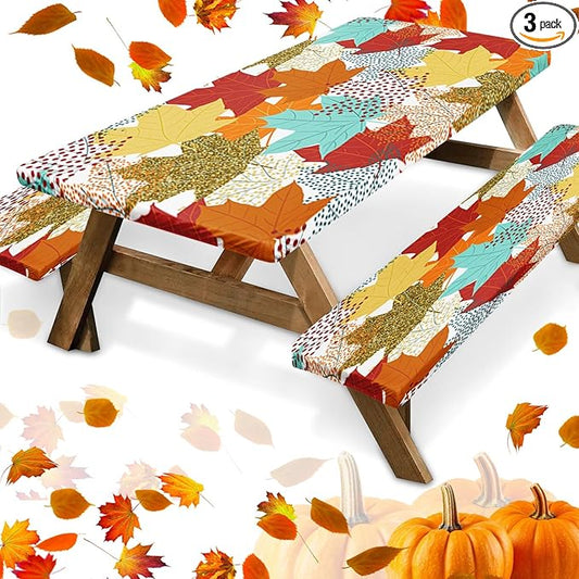 Picnic Table Cover with Bench Covers Elastic Edges, Fall Leaves Fitted Table Cover, Outdoor Patio Camping Essentials 72 Inch 3PCS, Waterproof Camping Fitted Tablecloth with Drawstring Bag