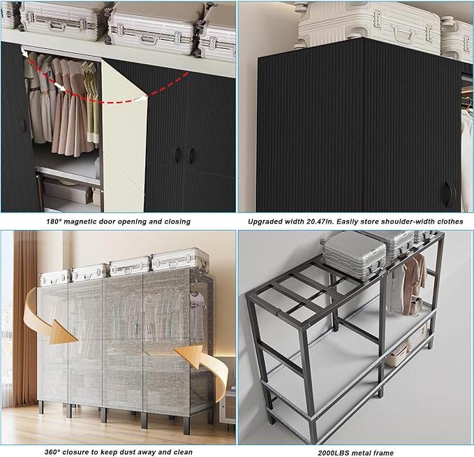 FPIGSHS Heavy Duty Clothes Rack with Magnetic door 2000LBS Foldable Portable Wardrobe Closet for Hanging Clothing Rolling Garment Rack on Wheels for Bedroom closet system (A（black door）, 71in)