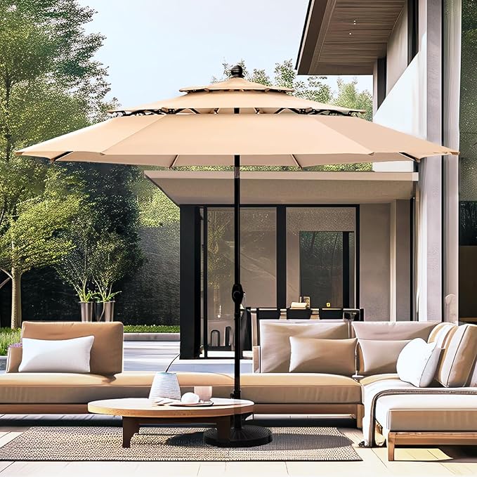 PHI VILLA 10ft Patio Umbrellas, Outdoor 3 Tier Vented Large Market Table Umbrella with 8 Sturdy Ribs and 1.5" Umbrellla Pole for Lawn Poolside Garden Terrace, Beige(No Base)