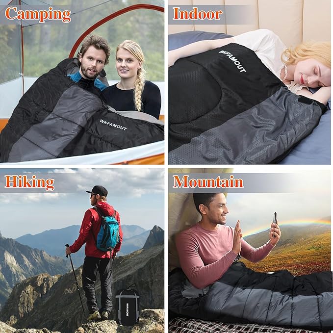 XL 10 Degree Sleeping Bags Waterproof for Adults 350GSM Machine Washable with Compression Sack for 3-4 Season Camping Outdoor