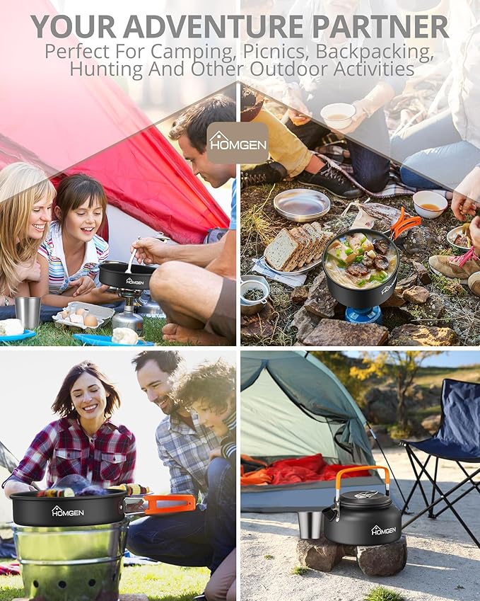 HOMGEN 12-Pieces Ultralight Anodized Aluminum Camping Cookware Set for 2 People - Nesting Pot/Pan with Foldable Handles 800ml Insulated Teapot & Stainless Cups - Compact Backpacking Gear for Camping