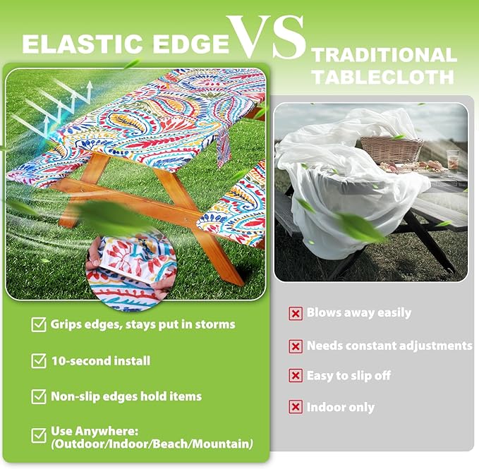 Fitted Picnic Table Cover with Bench Covers Waterproof Elastic Edges Rectangle Patio Tablecloth Outdoor Camping Essentials Stuff Rv Accessories Summer Trip Travel Supplies Party Camper Gifts, 8 ft
