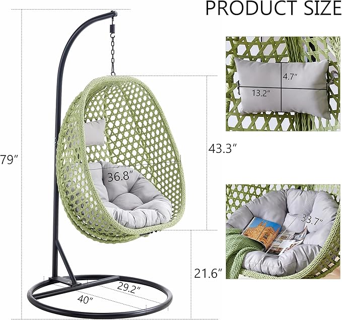 JUFU Egg Swing Chair with Stand for Outdoor and Indoor, Patio Hanging Basket Chair with Cushions and Pillow, Hammock Chair for Bedroom, Balcony, Garden,Durable Aluminum Steel Frame
