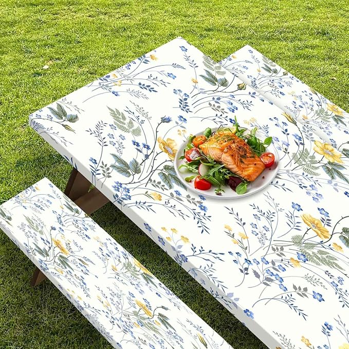 CAPSCEOLL Elastic Picnic Table Cover with Bench Covers 5Ft Waterproof Fitted Picnic Table Cover Cloths for Outdoors Camping Tablecloth with Drawstring Bag, 60X30in, Blue Yellow Flowers