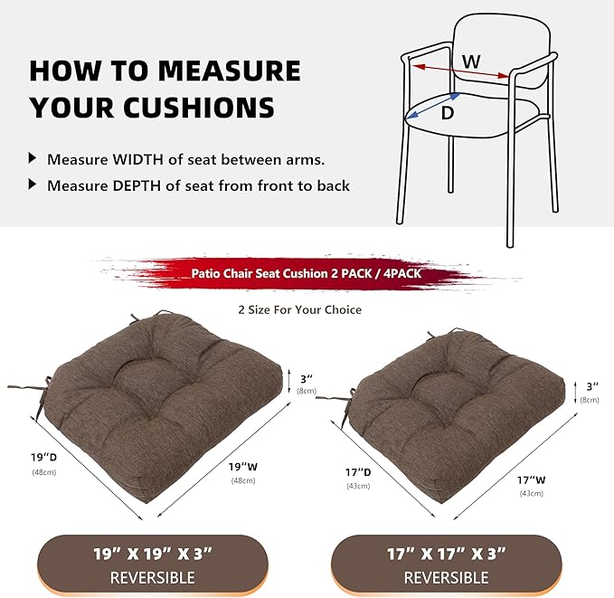 RACE LEAF Patio Chair Cushions 17x17 4 Pack, Thickened Heavy Duty Outdoor Cushions Stain & Water Resistant Non-Slip Ties Tufted (Brown)