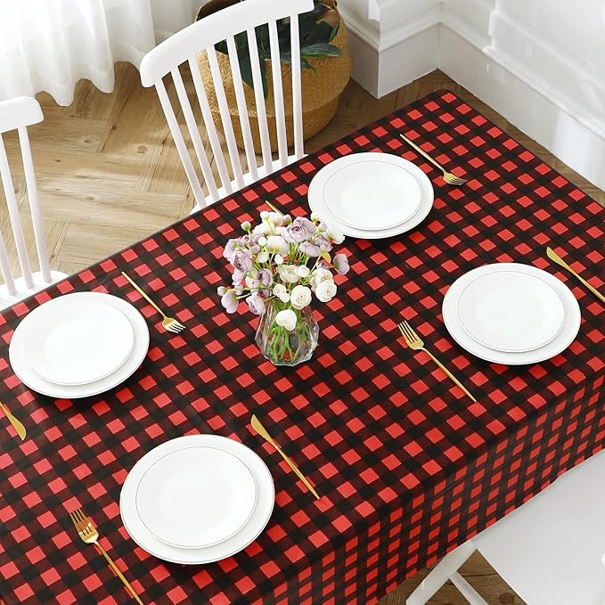 Romanstile Rectangle Vinyl PVC Tablecloth, 100% Waterproof Buffalo Plaid Plastic Table Cloth, Oil Proof Heavy Duty Wipeable Table Covers for Dining/Camping/Picnic/Outdoor - 52 x 70, Black and Red