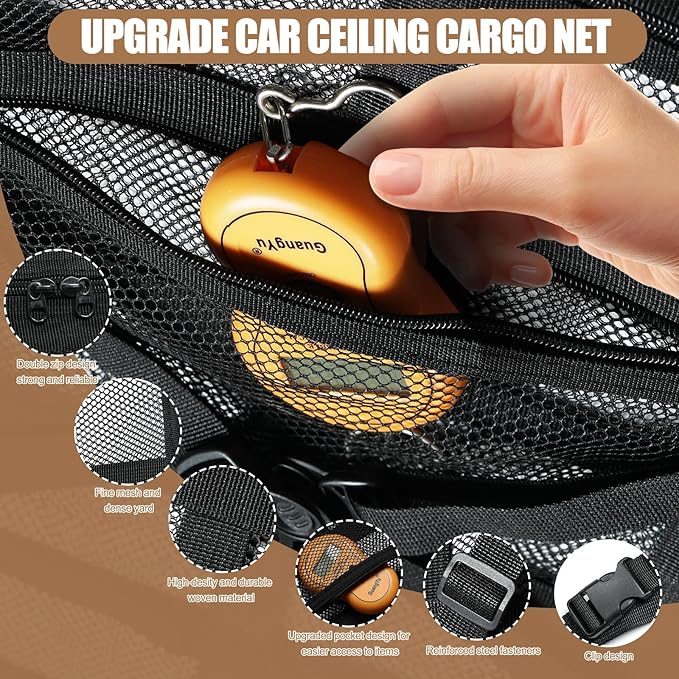 Universal Car Ceiling Cargo Net Pocket(25x34x44Inch)-Overhead Storage Organizer for SUV, Truck, Camping & Road Trips - Durable Mesh Interior Accessories for Travel Gear
