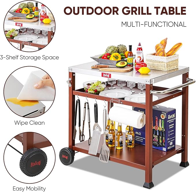 3-Shelf Outdoor Grill Table,Grill Cart Pizza Oven Table for Outside,Movable Prep Cart,Indoor & Outdoor Cooking Station,Grill Cart with Wheels, Metal Work Table for Ooni 14'' Blackstone Griddle