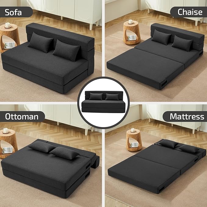 Folding Sofa Bed with Pillows- Convertible Chair Floor Couch & Sleeping Mattress, Foldable Memory Foam Sleeper for Living Room/Dorm/Guest Room/Home Office/Apartment/Loft, Full, Dark Gray