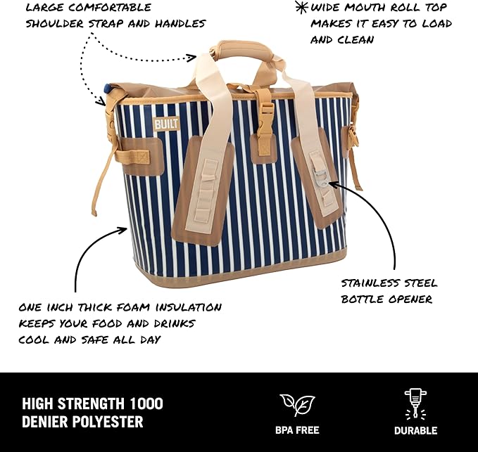 BUILT Large Welded Soft Portable Cooler with Wide Mouth Opening Insulated and Leak-Proof Dusty Rose Stripe