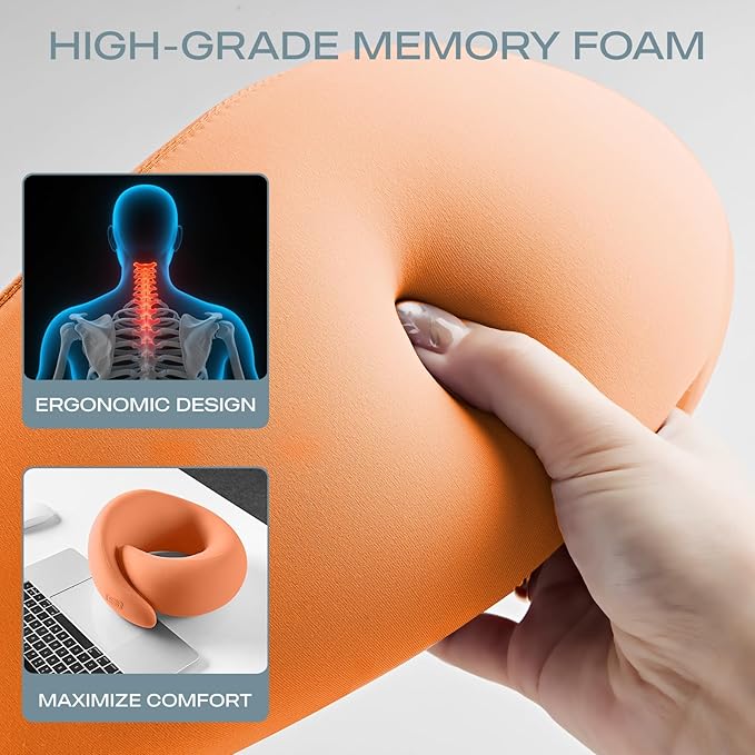 Skechers Memory Foam Travel Pillow,Comfortable & Breathable Airplane Travel Essential, Neck Pillow for Travel, Car Rides, Home, and Office Use, Ergonomic Design for Men and Women,Orange