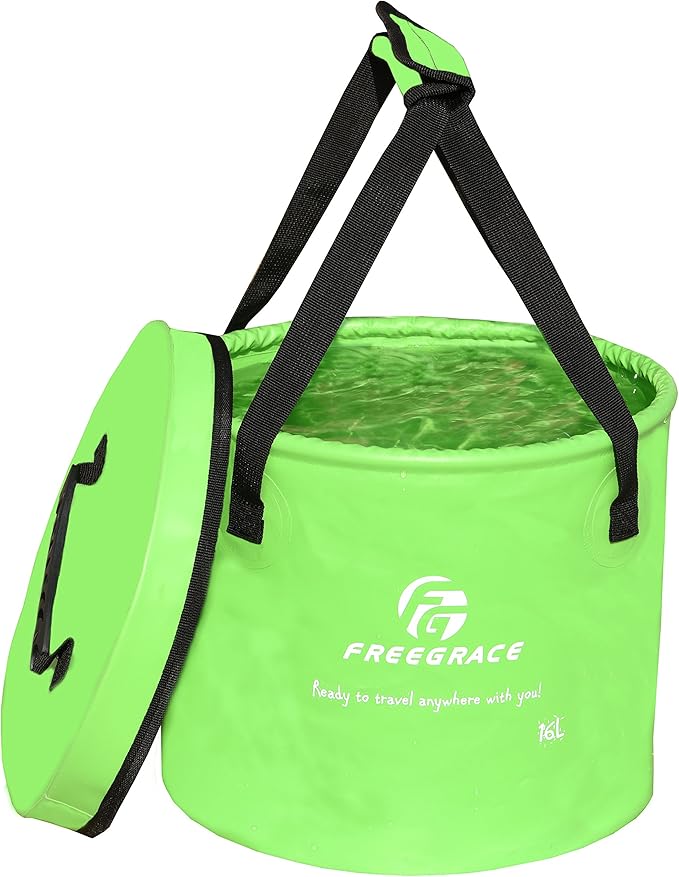Premium Collapsible Bucket by Freegrace - Compact Portable Folding Water Container - Lightweight & Durable - Includes Handy Tool Mesh Pocket