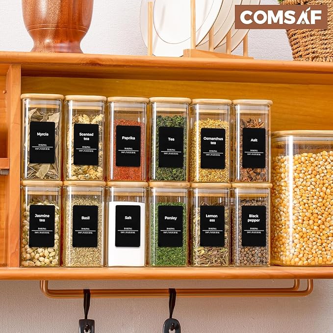 ComSaf 6Pcs 10 oz Large Spice Jars with Label Trial Set, Glass Spice Jars with Bamboo Lids Supplementary Set, Seasoning Container Trial Pack, Perfect for Ktichen Starter
