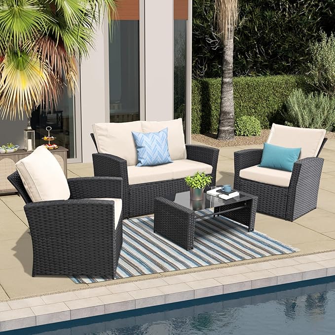 4 Piece Outdoor Patio Furniture Set,Wicker Conversation Sets Outdoor Sectional Patio Sofa Couch with Cushions & Coffee Table for Outside, Garden, Balcony, Porch,Black/Beige