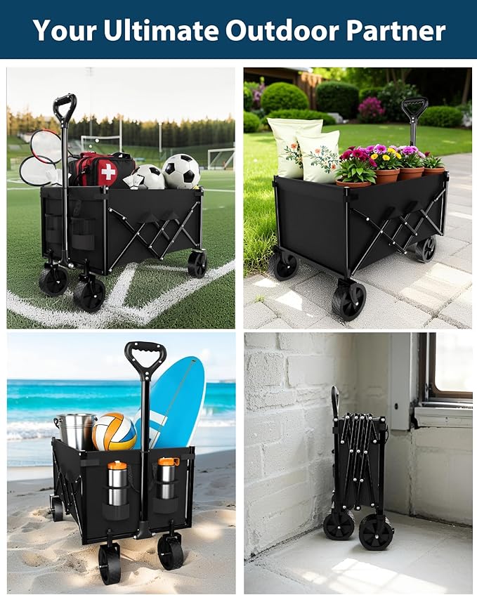 Lightweight Folding Wagon, Large Capacity Collapsible Grocery Cart on Big Wheels, Heavy Duty Foldable Shopping Carts, All-Terrain Outdoor Utility Carts for Camping, Sports, Garden, Beach, 4.5 Cu Ft