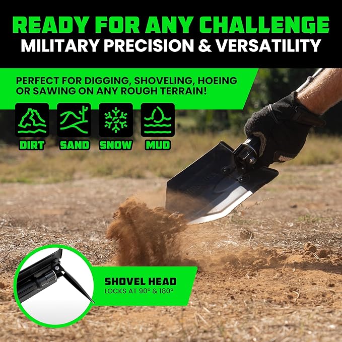 Rhino USA Survival Shovel w/Pick - Heavy Duty Carbon Steel Military Style Entrenching Tool for Off Road, Camping, Gardening, Beach, Digging Dirt, Sand, Mud & Snow. (Recovery Shovel)