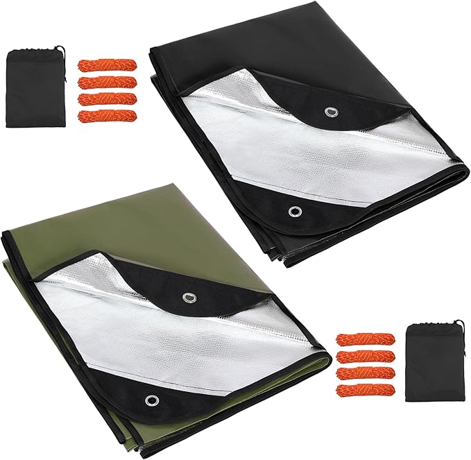 RedSwing 2 Pack Heavy Duty Waterproof Emergency Thermal Tarp, Insulated Survival Blanket for Outdoor Camping, Hiking, and Emergency Shelter, Green+Black
