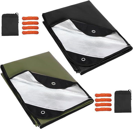 RedSwing 2 Pack Heavy Duty Waterproof Emergency Thermal Tarp, Insulated Survival Blanket for Outdoor Camping, Hiking, and Emergency Shelter, Green+Black
