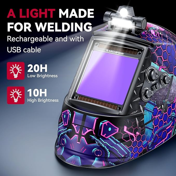 ARCCAPTAIN 3.94" x 3.66" Auto Darkening Welding Helmet, Solar Powered True Color Welding Hood, 1/1/1/1 Top Optical Clarity Welder Helmet, 4 Arc Sensor Wide Shade 4/5-9/9-13 for Stick MIG TIG Cut