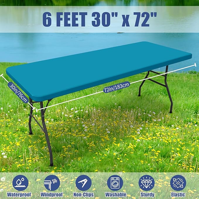 Spandex Picnic Table Cloth 2 Pack, Elastic Fitted Tablecloths for 6 Foot Rectangle Tables, Stretch Washable Patio Table Cover for Outdoor, Camping, Banquet and Parties (Teal, 30"x72")
