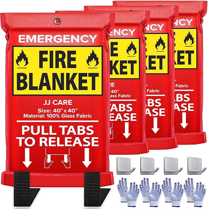 JJ CARE Fire Blanket – 4 Packs with Hooks and Gloves – 40” x 40” Fire Blankets Emergency for Home and Kitchen, High Heat Resistant and Flame Protection for Kitchen, Car, Office, Camping & Home Safety
