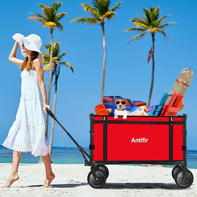 Collapsible Wagon Carts,Folding Wagon Cart with All Terrain Wheels,Heavy Duty Garden Carts with Adjustable Handle,Outdoor Utility Wagon for Camping Shopping Sports Fishing（Red）