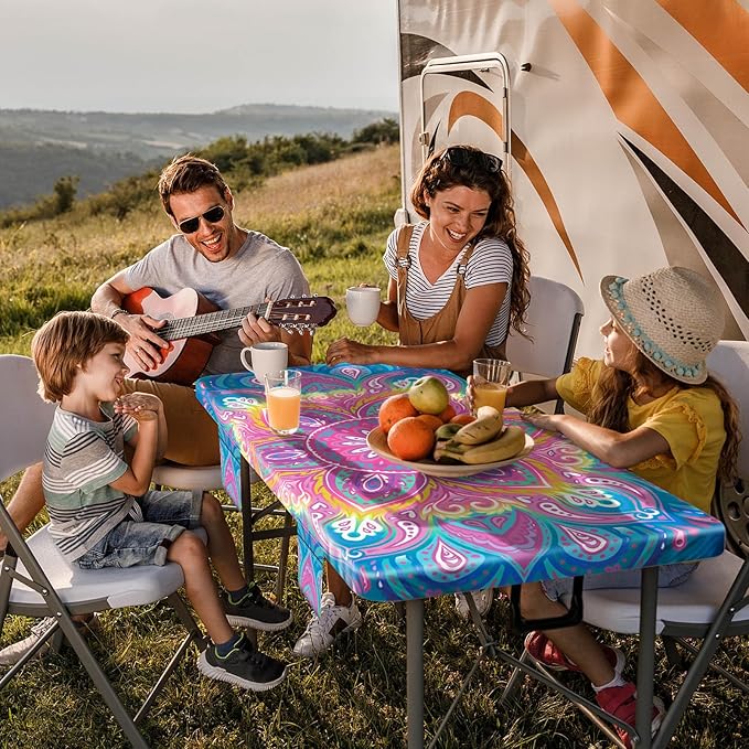 3 Piece 96x30Inch Picnic Table Cover with Bench Covers Fitted Elastic Weather Proof Camping Table Clothes Camp Motorhome Tools Gardening Rv Items Outside Road Trips Must Haves Gift for Adults