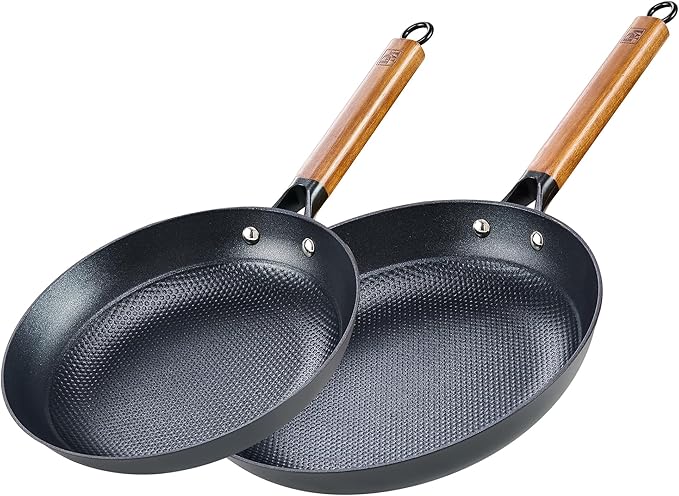 DM Cast Iron Skillet, 2 Piece Nonstick Frying Pan Set, 10 and 12 Inch with Detachable Acacia Wooden Handle, Honeycomb Non stick Omelet Egg Pan, Easy Clean Oven Safe Pans for Cooking