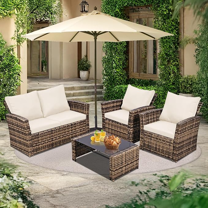 4 Piece Outdoor Patio Furniture Set,Wicker Conversation Sets Outdoor Sectional Patio Sofa Couch with Cushions & Coffee Table for Outside, Garden, Balcony, Porch,Yellow/Beige