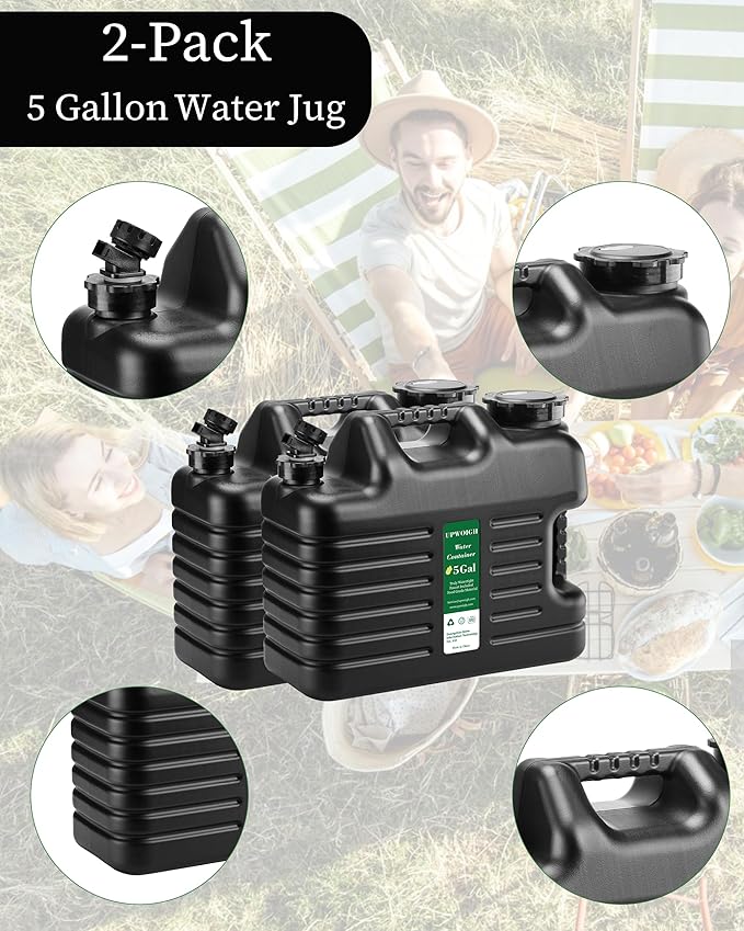UPWOIGH 5 Gallon Water Jug Set of 2, Camping Water Container, Truly No Leakage Water Storage, Large Military Black Water Tank,BPA Free Portable Emergency Overlanding Gear for Outdoors Hiking