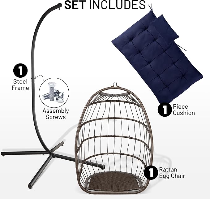 SereneLife Foldable Egg Chair with Stand – Hanging Rattan Wicker Swing for Indoor Outdoor Use – 350 lbs Capacity, Breathable Cushion & Headrest – Patio, Balcony, Porch, Bedroom Lounge Furniture