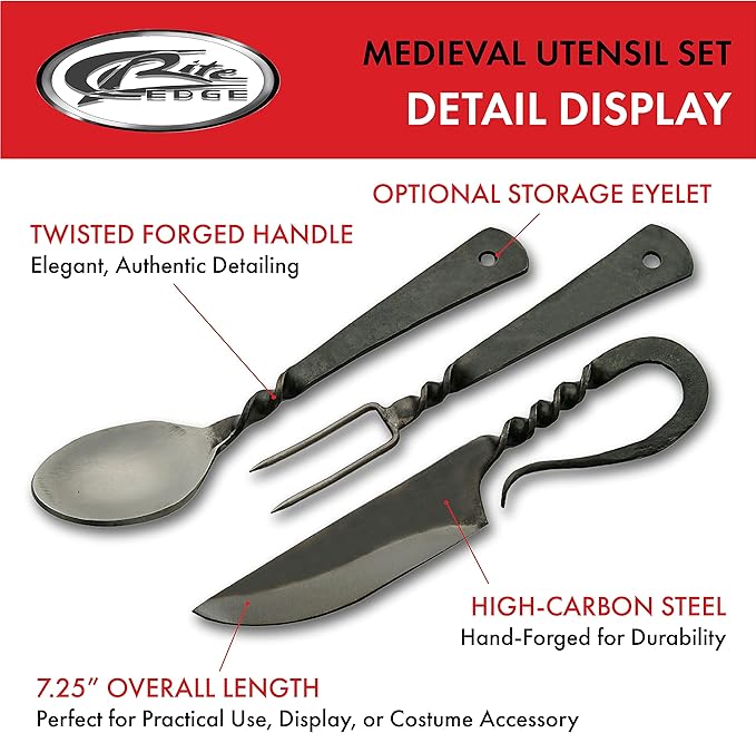 SZCO Supplies 7.25" Hand-Forged Medieval Cutlery Set – Carbon Steel Fork, Knife, Spoon with Leather Pouch, Renaissance Costume Utensils for Camping, Cosplay, and Historical Display