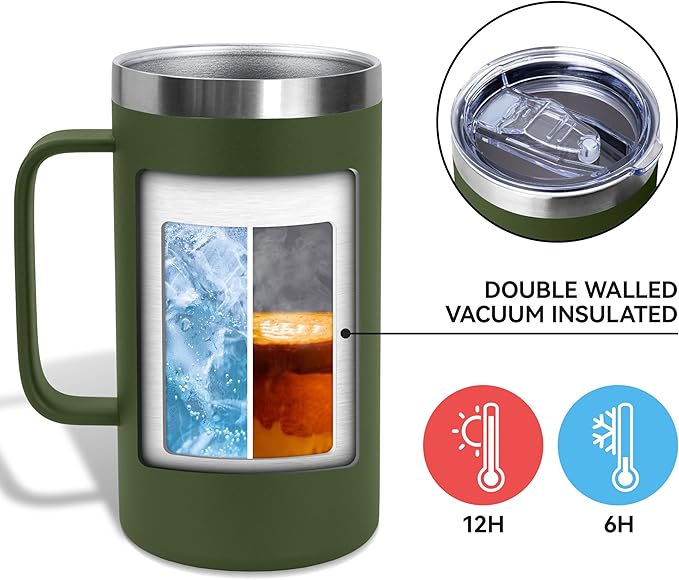 DOMICARE 24oz Mug with Handle and Lid, Stainless Steel Coffee Mug, Travel Mug with Handle, Double Wall Vacuum Coffee Tumbler, Reusable Insulated Cup, Army Green, Pack 8