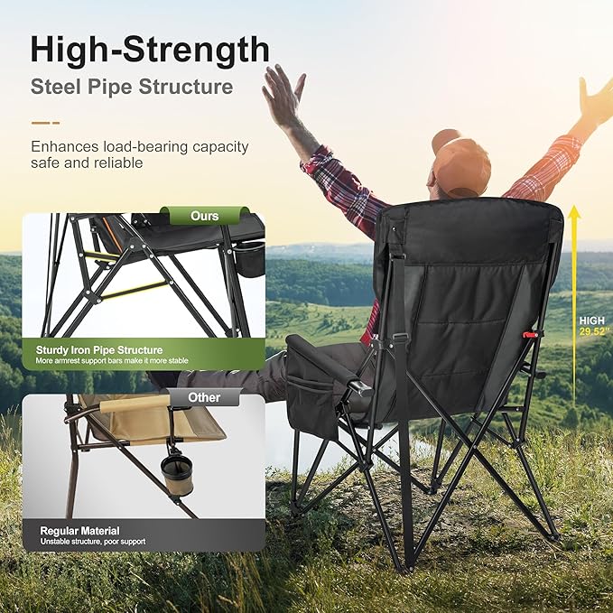 LET'S CAMP Oversized Camping Chairs 29.52" High Back Heavy Duty Lawn Chair Support 500LBS, Portable Collapsible Chair with Cup Holder, Side Pocket,2 Pack(Black)