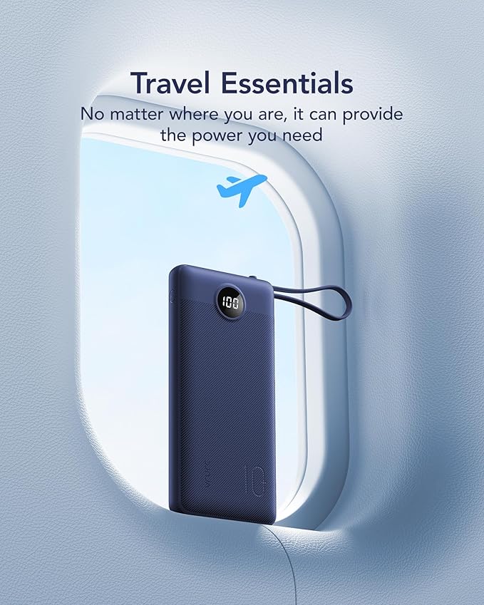 VRURC Portable Charger Power Bank, 10000mAh Travel Essentials, 5 Outputs 2 Inputs Slim Battery Pack Built-in Cables Cords Compatible with iPhone,Samsung,Android-Navy Blue(1 Pack)