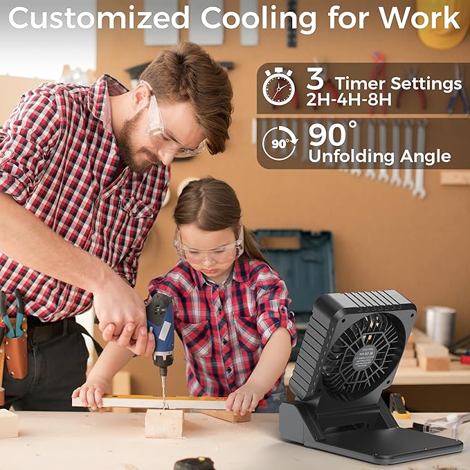 KITWLEMEN Solar Camping Fan with Lantern - Rechargeable Battery Operated Fan, 18H Run Time Max, 4 Speeds, 8H Timer, 90° Adjustable Portable Desk Fan for Hurricane, Power Outage, Outdoor Use