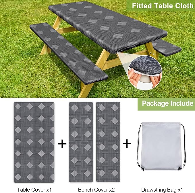 Picnic Table Cover with Bench Covers Camping Essentials Waterproof Windproof Camping Tablecloth with Drawstring Bag, Fitted Rectangle Tables and Seats, 72in, Grey Plaid