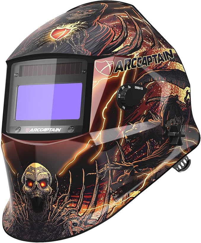 ARCCAPTAIN Welding Helmet Auto Darkening, 1/1/1/1 True Color Welding Hood, 4 Arc Sensor 1/25000s Response Time Solar Powered Weld Hood Helmet, Death Skeleton
