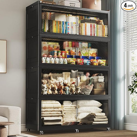 200GAL Extra Large Stackable Storage Bins with Lid, 800QT Plastic Closet Organizer and Storage Cabinet with Wheels and Doors, Folding Storage Box Container for Home Organization, 4Pack Black