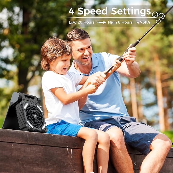 KITWLEMEN Solar Camping Fan with Lantern - Rechargeable Battery Operated Fan, 18H Run Time Max, 4 Speeds, 8H Timer, 90° Adjustable Portable Desk Fan for Hurricane, Power Outage, Outdoor Use