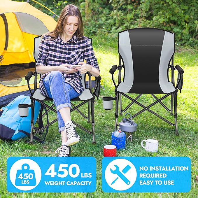 Oversized Folding Camping Chair for Adults, Supports 450 LBS Camping Chairs, Heavy Duty Camping Chair with Side Pockets, Foldable Outdoor Chair for Camping, Beach, Fishing, Hiking, Black-Gray