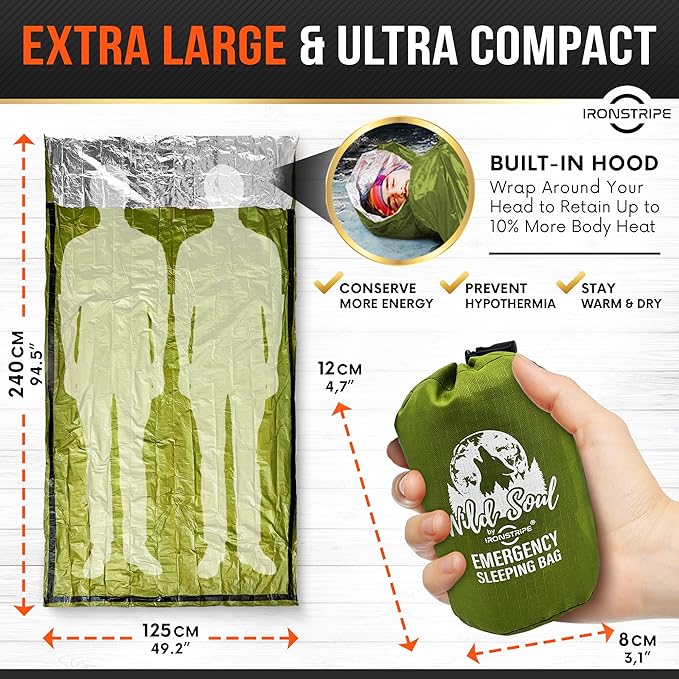 Bivy Sack XL Waterproof Survival Sleeping Bag with Emergency Whistle, Built-in Hood & Thermal Mylar - Tear & Puncture-Resistant