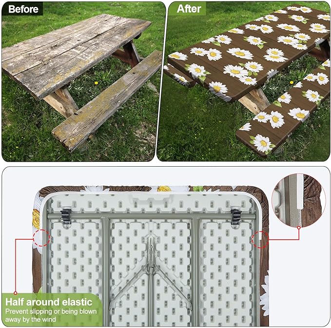 Picnic Table Cover with Bench Covers Camping Essentials Waterproof Windproof Camping Tablecloth with Drawstring Bag, Fitted Rectangle Tables and Seats, 72in, Brown