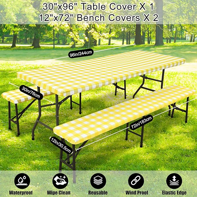 Smiry Picnic Table Cover with Bench Covers, Waterproof Elastic Fitted Tablecloths for 8 Foot Rectangle Tables, Washable Buffalo Plaid Tablecloth for Camping, Outdoor (Yellow & White, 30"x96")