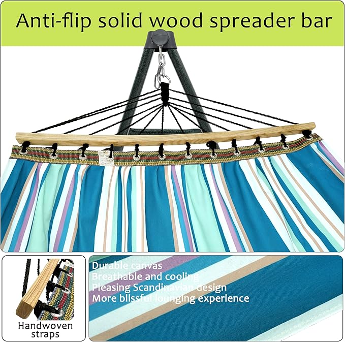 Tranquillo Sturdy Steel Hammock with Stand Premium Cotton Canvas Hammock, 600 lbs Capacity Hammock Stand Folding, Portable 30-Second Fold Unfold for Camping, (Canvas - Blue Leaf)
