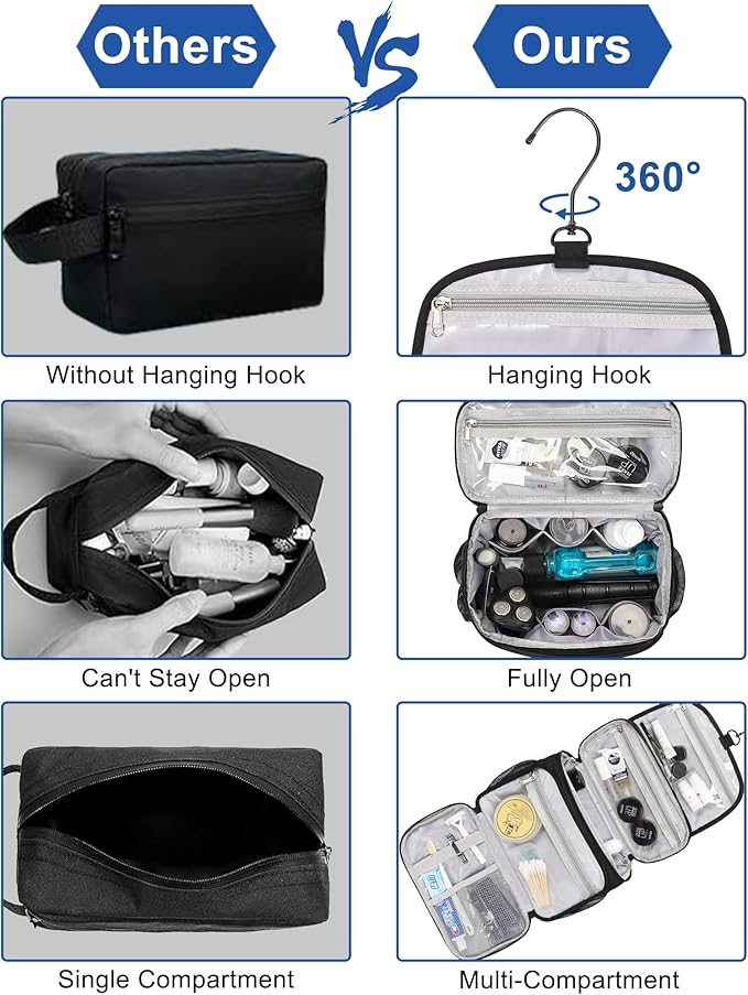 Relavel Toiletry Bag for Men, Hanging Toiletries Bag for Women Water Resistant Dopp Kit Shaving Bag, Travel Essentials Large Capacity Organizer Case for Toiletries Accessories, Black