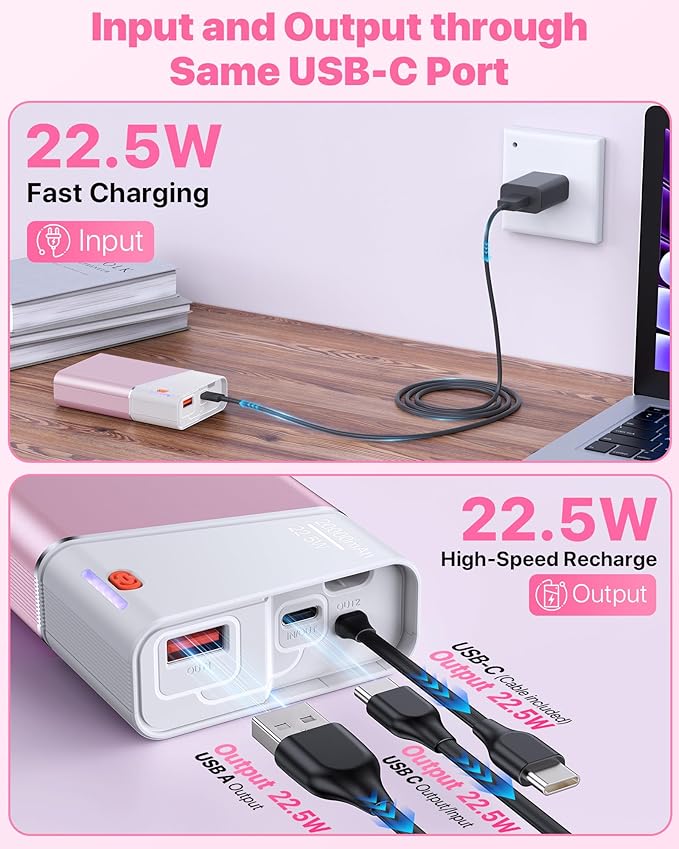 Kesguar Portable Charger 20000mAh, 22.5W PD 3.0+QC 4.0 Fast Charging Power Bank, Cooler & Unbreakable Aerospace Metal Case for iPhone 16 15 14, Android, iPad, Samsung Google Tablet & More, Pink