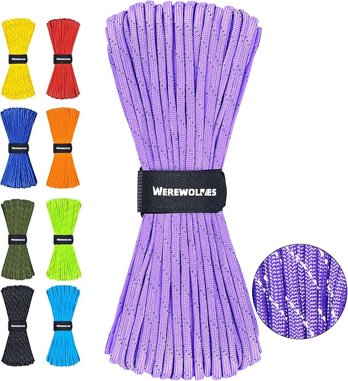 WEREWOLVES Reflective Paracord Rope 7 Strand Type III Parachute Cord 4mm 100ft / 200ft for Tent Camping Hiking Fishing Survival Tactical Clothesline DIY Projects