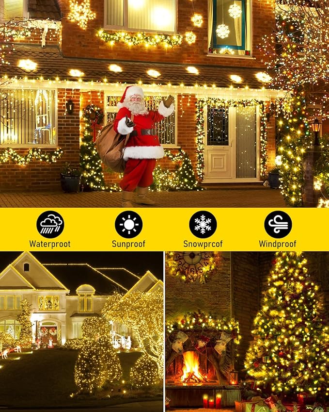 KNONEW 100FT Outdoor Christmas Fairy Lights Plug in,300 LED String Lights Outdoor Waterproof 8 Modes for Wedding Bedroom Walls Garden Trees Decoration(Warm White)